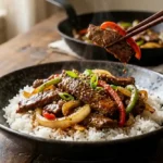 Chinese pepper steak with tender beef, red and green bell peppers and onions in a glossy sauce over white rice