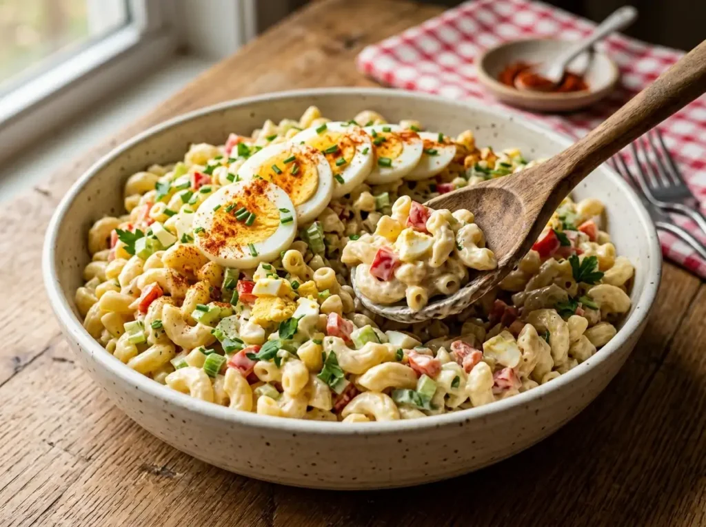 Bowl of classic creamy pasta salad with elbow macaroni, celery, egg and paprika