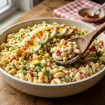 Bowl of classic creamy pasta salad with elbow macaroni, celery, egg and paprika