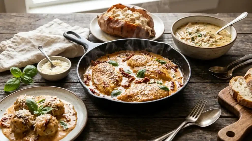 Skillet Marry Me chicken in a creamy sun-dried tomato Parmesan sauce with fresh basil and a spoon lifting a bite