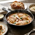 Skillet Marry Me chicken in a creamy sun-dried tomato Parmesan sauce with fresh basil and a spoon lifting a bite