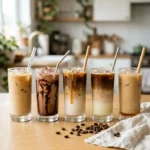 Row of iced coffee drinks including latte, mocha and caramel macchiato on a wooden table