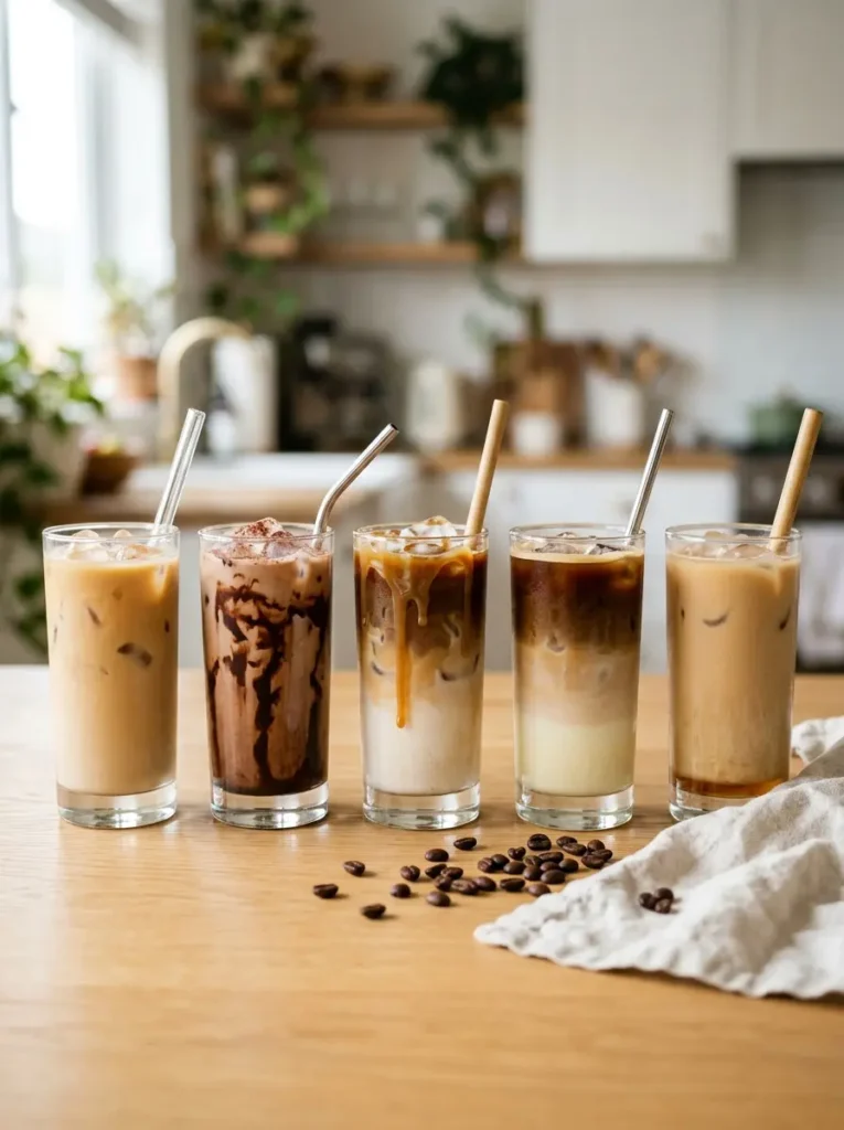 Row of iced coffee drinks including latte, mocha and caramel macchiato on a wooden table