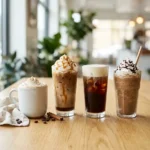 Four coffee shop drinks including a hot latte, iced caramel mocha, cold brew and frappe on a wooden table