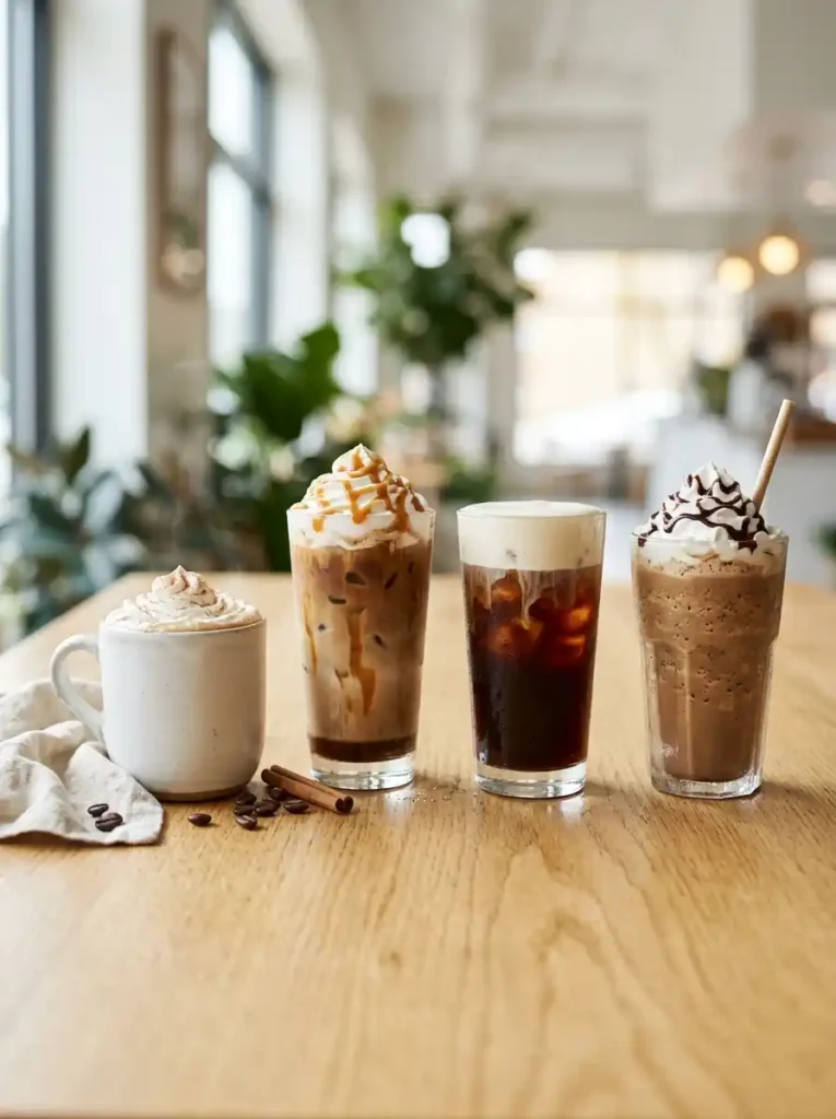 Four coffee shop drinks including a hot latte, iced caramel mocha, cold brew and frappe on a wooden table