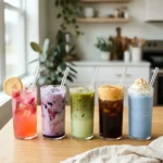Row of colorful coffee shop secret menu drinks including a pink refresher, lavender latte and blue frappe