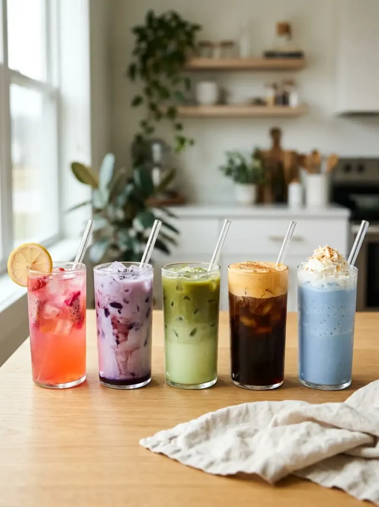 Row of colorful coffee shop secret menu drinks including a pink refresher, lavender latte and blue frappe