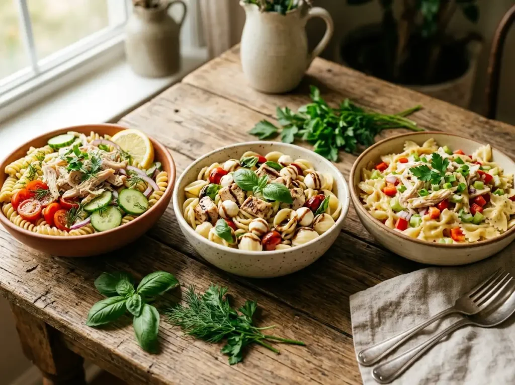 Assorted cold chicken pasta salads including lemon herb chicken pasta salad, chicken caprese pasta salad, and honey mustard chicken pasta salad on a wooden table