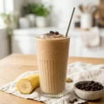 Creamy coffee smoothie in a tall glass topped with chia seeds and coffee beans