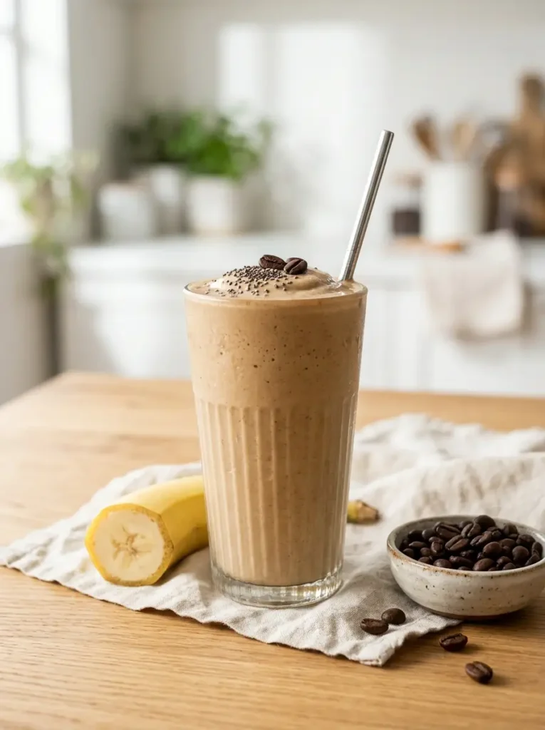Creamy coffee smoothie in a tall glass topped with chia seeds and coffee beans