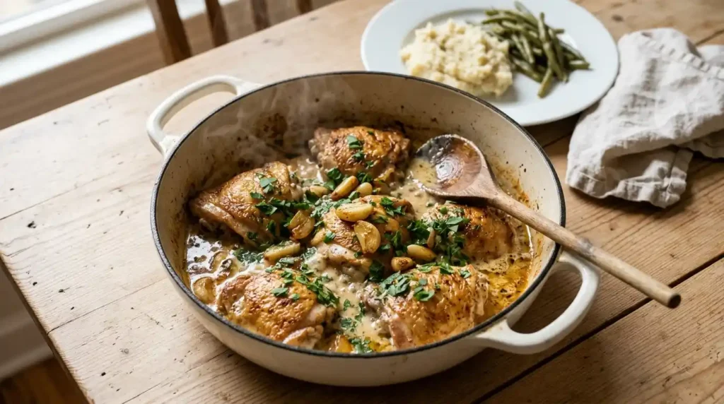 White Dutch oven of golden chicken thighs in a creamy garlic sauce with parsley