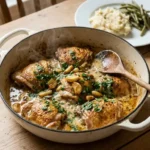 White Dutch oven of golden chicken thighs in a creamy garlic sauce with parsley