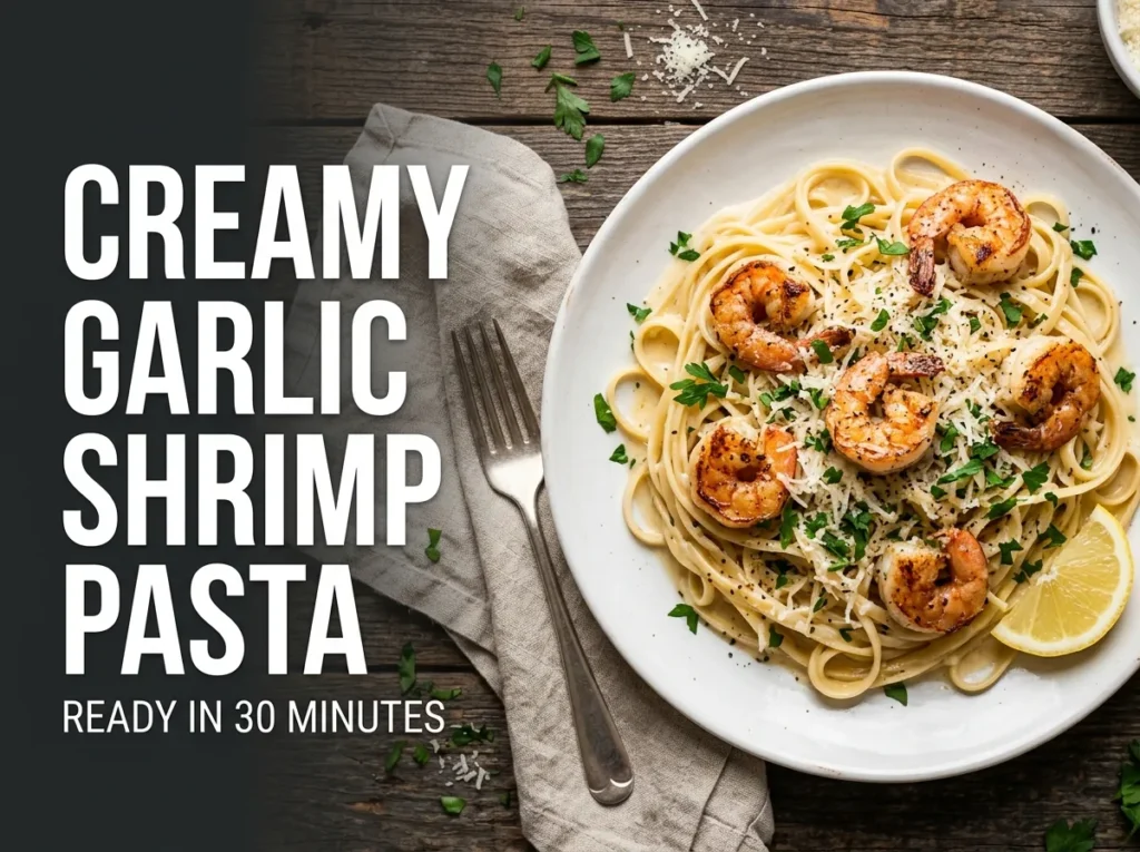 Creamy garlic shrimp pasta on a white plate with linguine, seared shrimp, parmesan, parsley and a lemon wedge