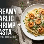 Creamy garlic shrimp pasta on a white plate with linguine, seared shrimp, parmesan, parsley and a lemon wedge