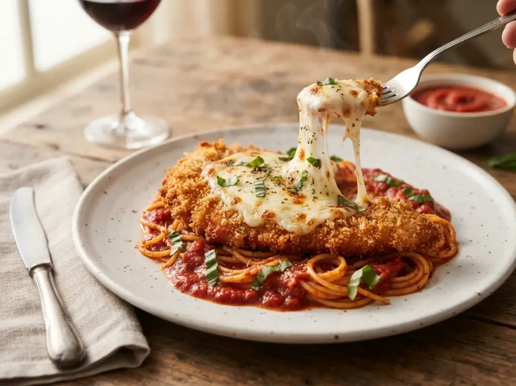 Crispy baked chicken parmesan with melted mozzarella and marinara on a bed of spaghetti
