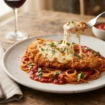 Crispy baked chicken parmesan with melted mozzarella and marinara on a bed of spaghetti