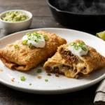 Plate of crispy golden beef cheese chimichangas with salsa, guacamole and sour cream for an easy dinner