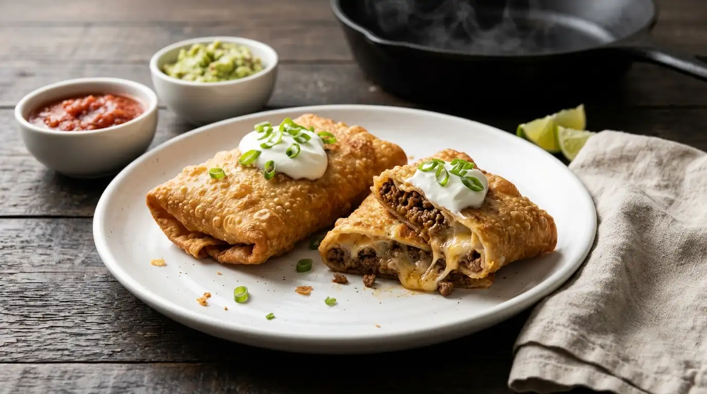 Plate of crispy golden beef cheese chimichangas with salsa, guacamole and sour cream for an easy dinner