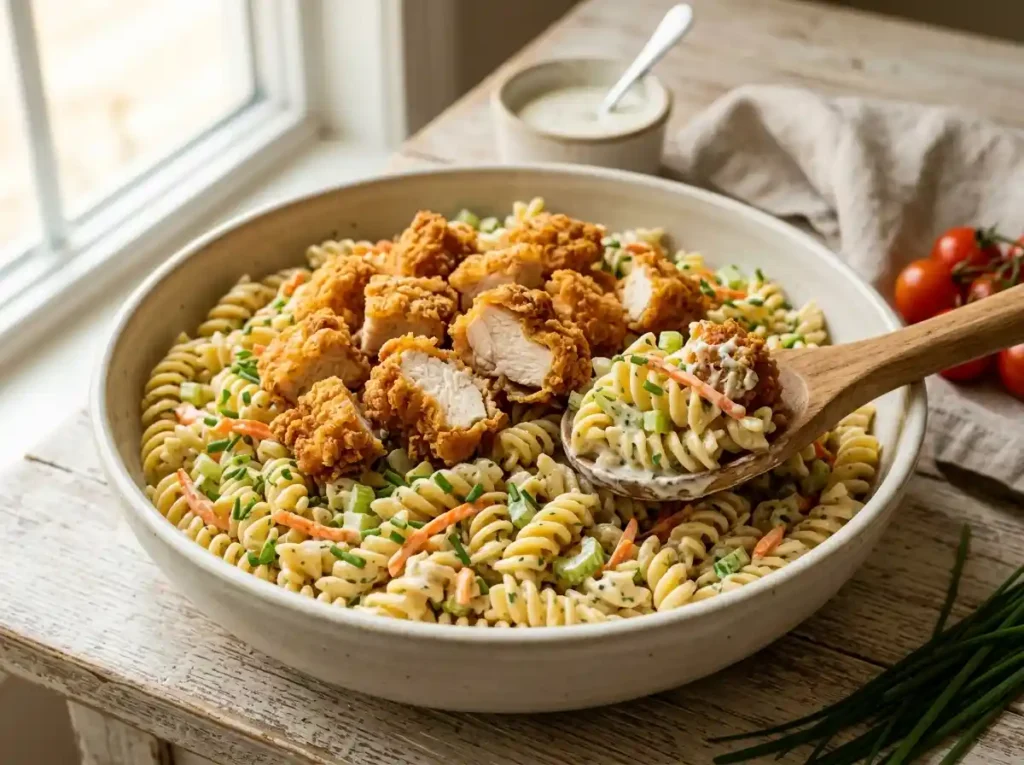 Bowl of crispy fried chicken pasta salad with rotini, ranch dressing, lettuce and tomatoes