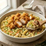 Bowl of crispy fried chicken pasta salad with rotini, ranch dressing, lettuce and tomatoes