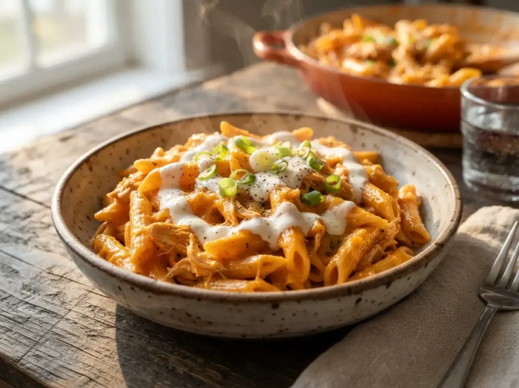 Finished Buffalo Chicken Pasta with ranch drizzle and sliced green onions