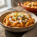 Finished Buffalo Chicken Pasta with ranch drizzle and sliced green onions
