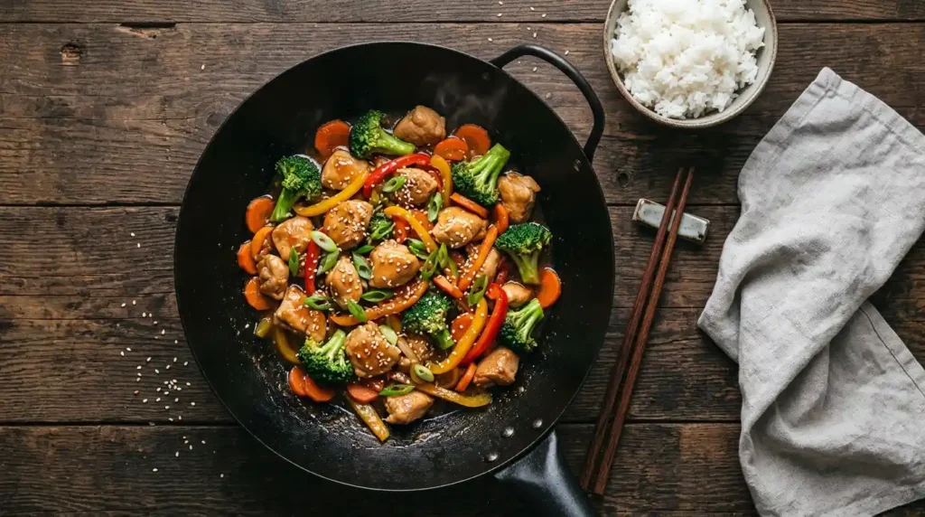 Easy chicken stir-fry in a wok with golden chicken, broccoli, carrots and bell peppers in a glossy sauce