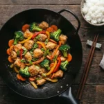 Easy chicken stir-fry in a wok with golden chicken, broccoli, carrots and bell peppers in a glossy sauce
