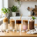 Row of five easy homemade coffee drinks including dalgona coffee, coffee tonic and strawberry latte