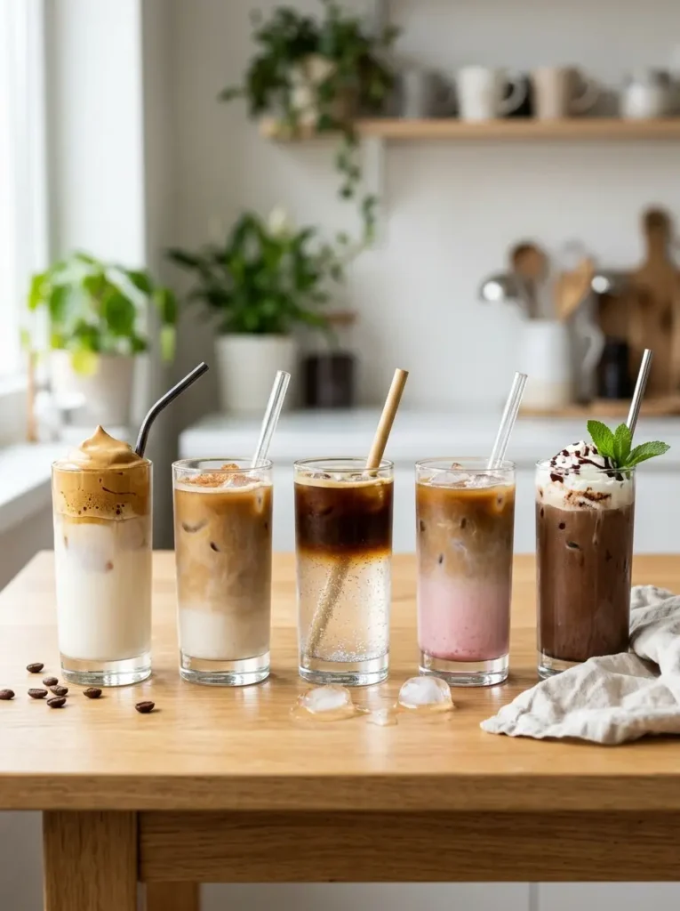 Row of five easy homemade coffee drinks including dalgona coffee, coffee tonic and strawberry latte