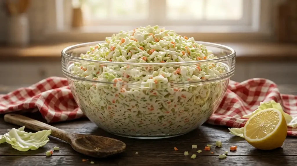Glass bowl of creamy finely chopped copycat coleslaw with cabbage and carrot, an easy side dish for dinner