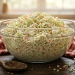 Glass bowl of creamy finely chopped copycat coleslaw with cabbage and carrot, an easy side dish for dinner