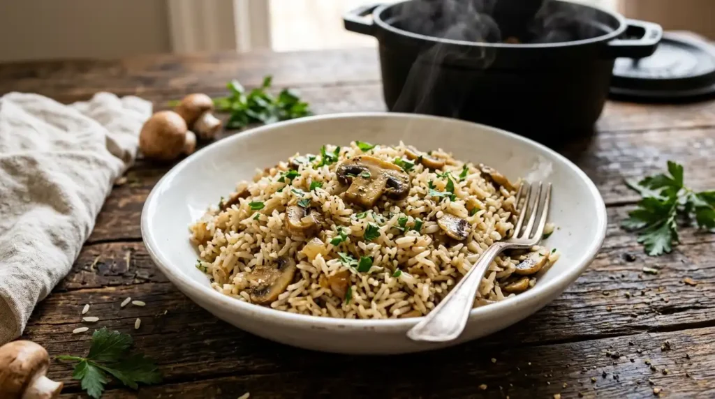 Bowl of fluffy mushroom rice with golden sliced mushrooms and parsley for an easy dinner