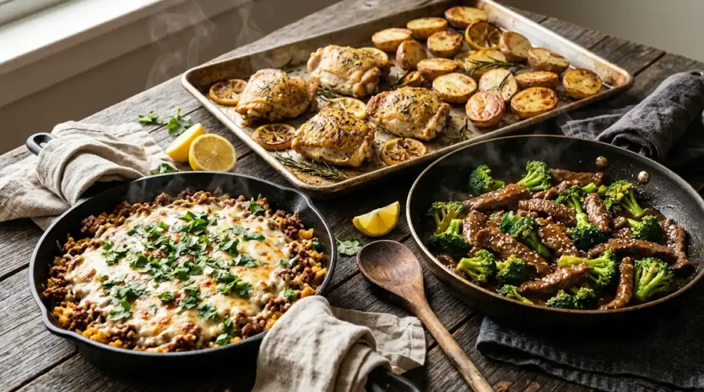Three one pan meals on a rustic table: a skillet of taco rice, a sheet pan of chicken and potatoes, and a skillet of beef and broccoli