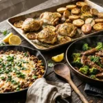 Three one pan meals on a rustic table: a skillet of taco rice, a sheet pan of chicken and potatoes, and a skillet of beef and broccoli