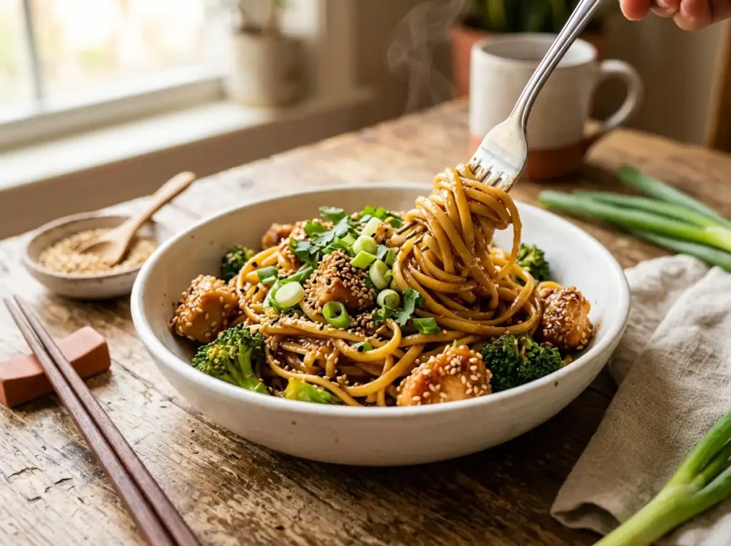 Bowl of glossy sesame chicken pasta with linguine, golden chicken, broccoli, sesame seeds and green onions