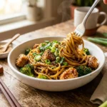 Bowl of glossy sesame chicken pasta with linguine, golden chicken, broccoli, sesame seeds and green onions