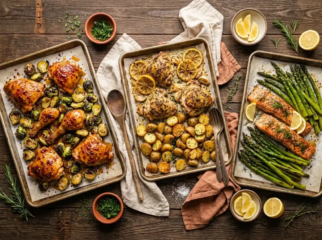Sheet pan hot honey chicken with roasted Brussels sprouts and a drizzle of hot honey on a rustic wooden table