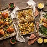 Sheet pan hot honey chicken with roasted Brussels sprouts and a drizzle of hot honey on a rustic wooden table