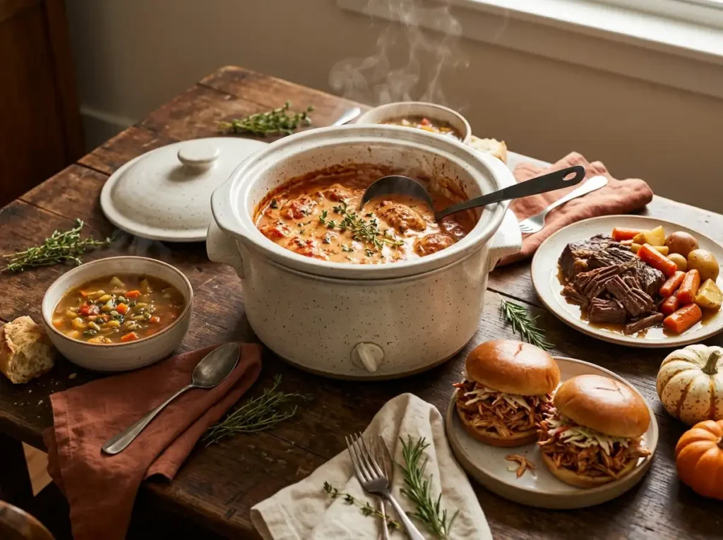 Cozy fall slow cooker dinners including creamy tomato chicken, soup, pot roast and BBQ pulled chicken sandwiches on a rustic wooden table