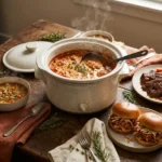 Cozy fall slow cooker dinners including creamy tomato chicken, soup, pot roast and BBQ pulled chicken sandwiches on a rustic wooden table