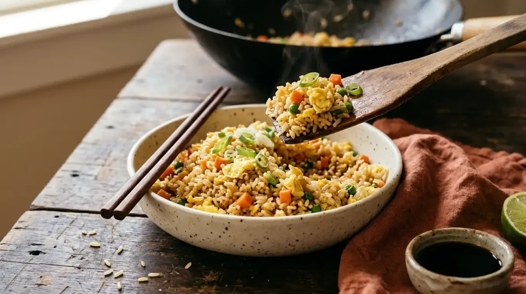 Fried rice ingredients including cold cooked rice, eggs, diced carrots, peas, green onions, garlic, soy sauce and sesame oil on a rustic wooden table
