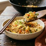 Fried rice ingredients including cold cooked rice, eggs, diced carrots, peas, green onions, garlic, soy sauce and sesame oil on a rustic wooden table