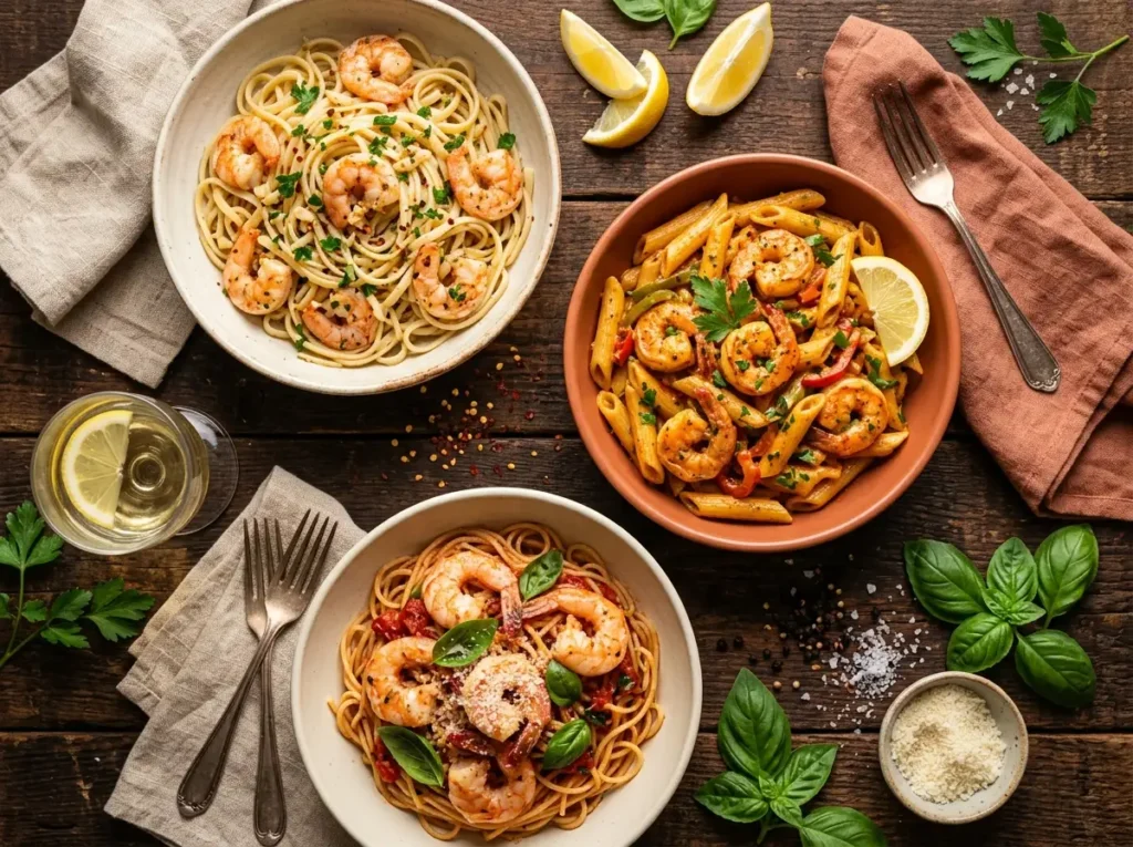 Spread of shrimp pasta recipes including garlic butter linguine, creamy Cajun penne, and tomato basil spaghetti