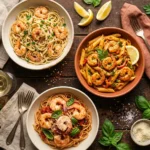 Spread of shrimp pasta recipes including garlic butter linguine, creamy Cajun penne, and tomato basil spaghetti