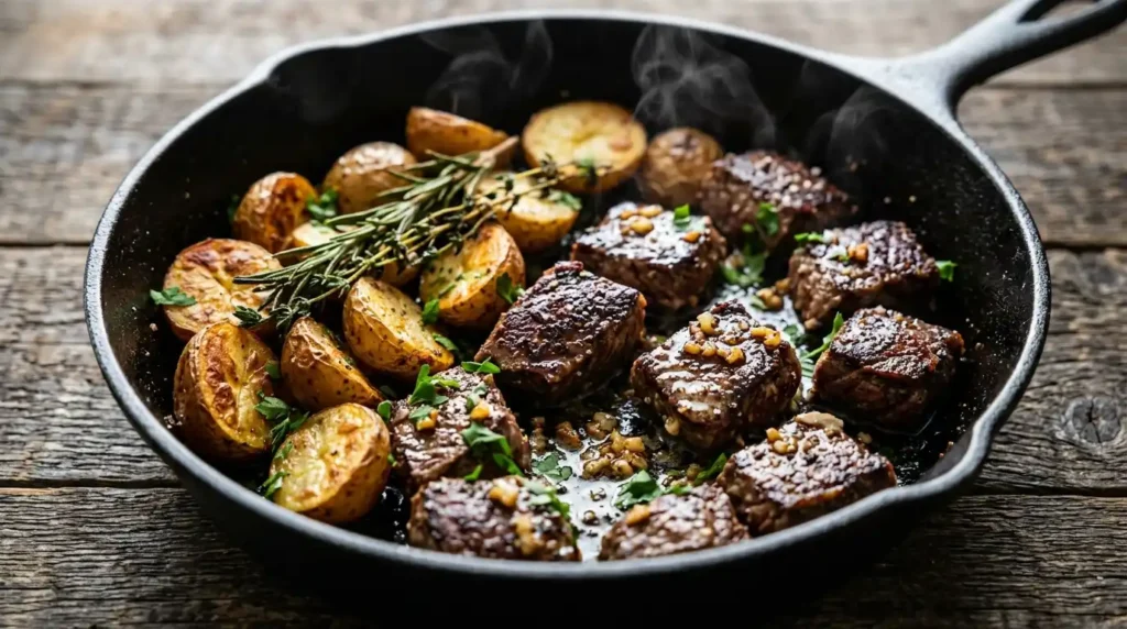 Cast iron skillet of garlic butter steak bites and crispy golden potatoes with fresh herbs