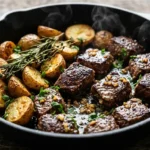 Cast iron skillet of garlic butter steak bites and crispy golden potatoes with fresh herbs