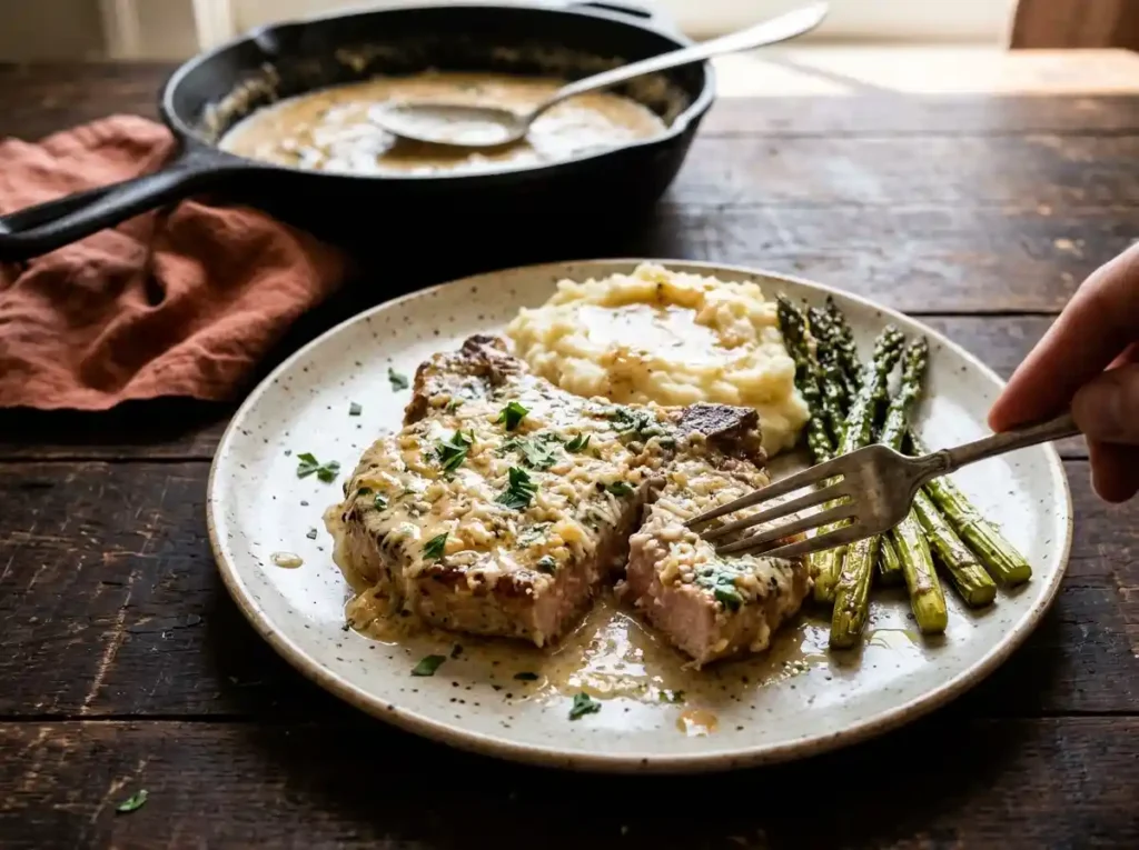 Garlic parmesan pork chop ingredients including pork chops, grated Parmesan, garlic, butter, parsley and seasonings on a rustic wooden table
