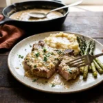 Garlic parmesan pork chop ingredients including pork chops, grated Parmesan, garlic, butter, parsley and seasonings on a rustic wooden table