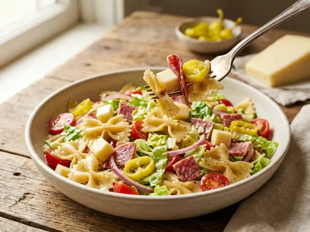 Grinder pasta salad with bowtie pasta, salami, provolone, lettuce and pepperoncini in a light bowl
